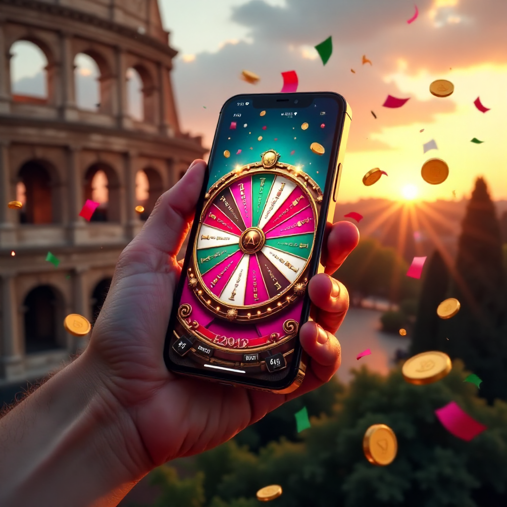 A hand holding a high-end smartphone displaying the official Crazy Time live wheel with vibrant pink and teal interface, background is the Roman Colosseum at sunset with Italian tricolor green-white-red confetti and golden coins exploding from the screen,